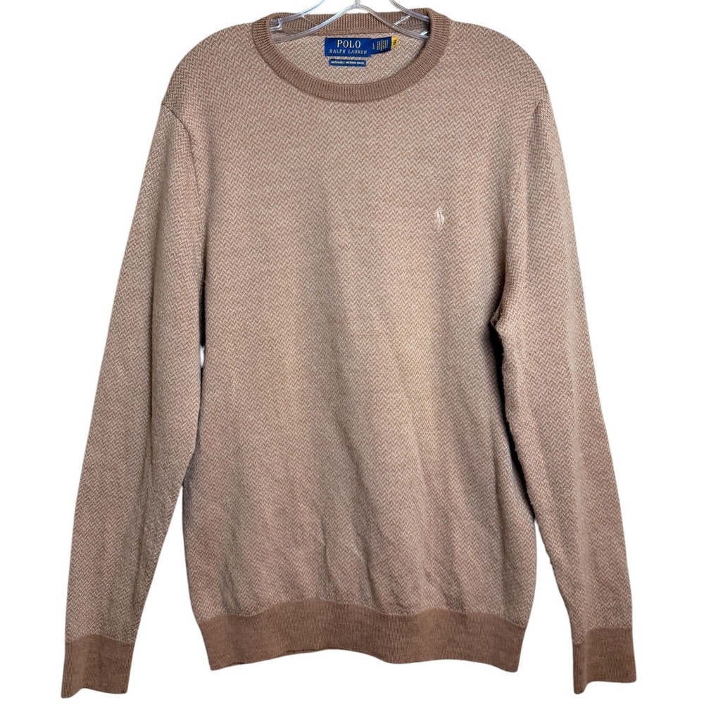Polo Ralph Lauren Mens L Washable Merino Wool Herringbone Sweater Camel